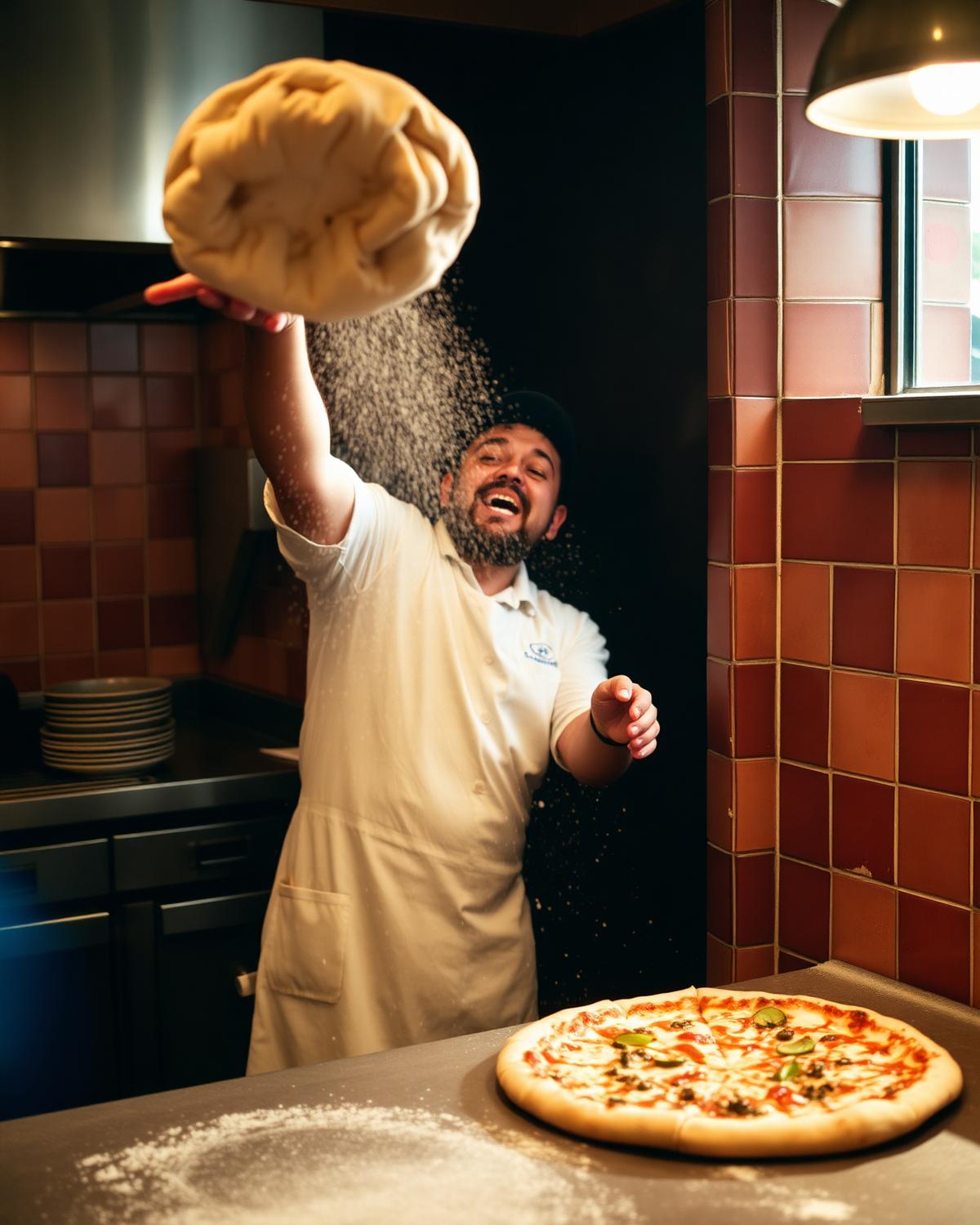 Chef tossing dough in the Windy City Pies kitchen