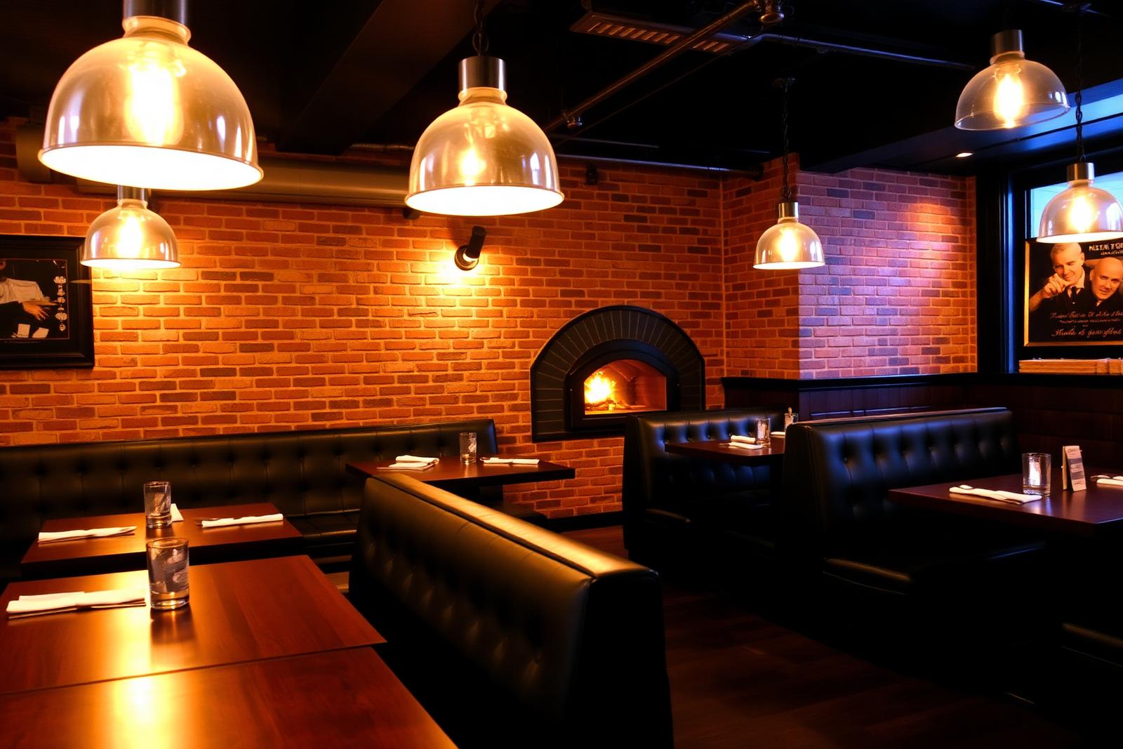 Cozy interior of Windy City Pies with warm pendant lights and brick walls